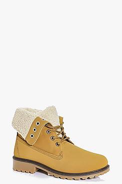 Boohoo Kara Borg Cuff Lace Up Hiker Boot