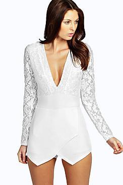 Boohoo Kaya Long Sleeve Lace Plunge Skort Playsuit