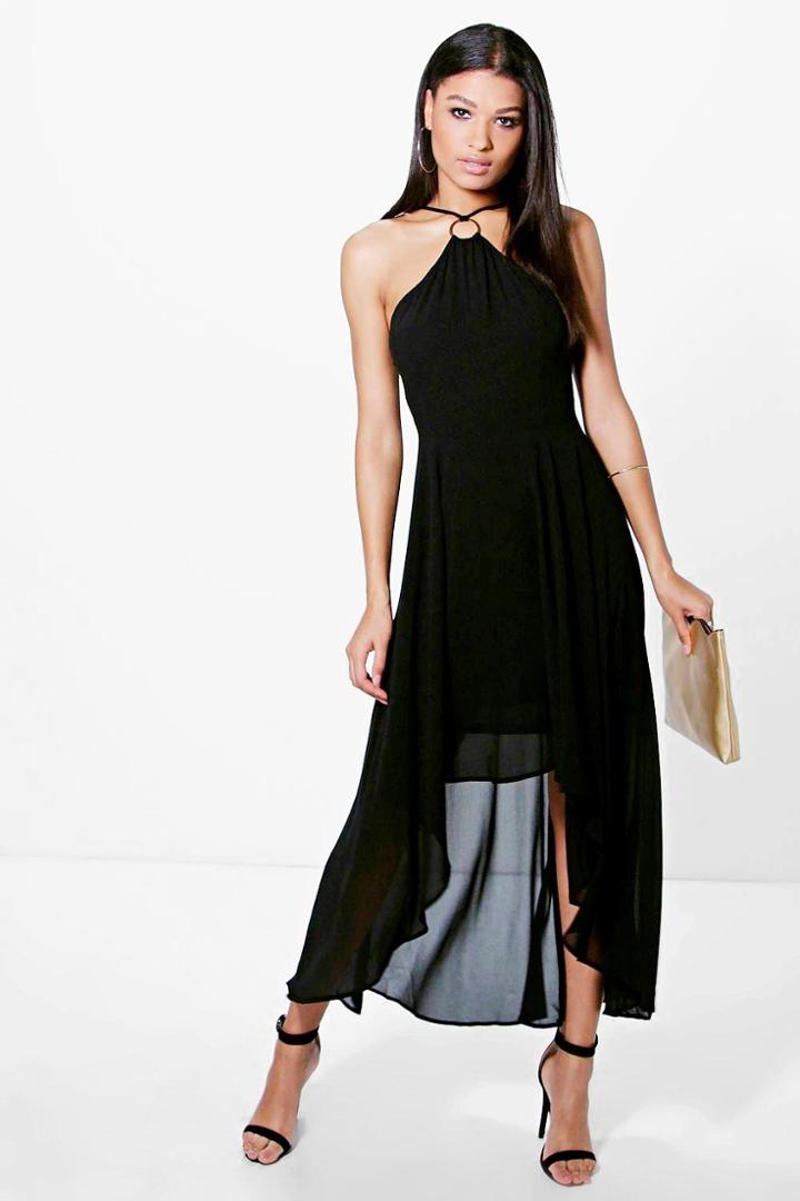 Boohoo Sachiko Strappy Ring Detail Dip Hem Dress Black