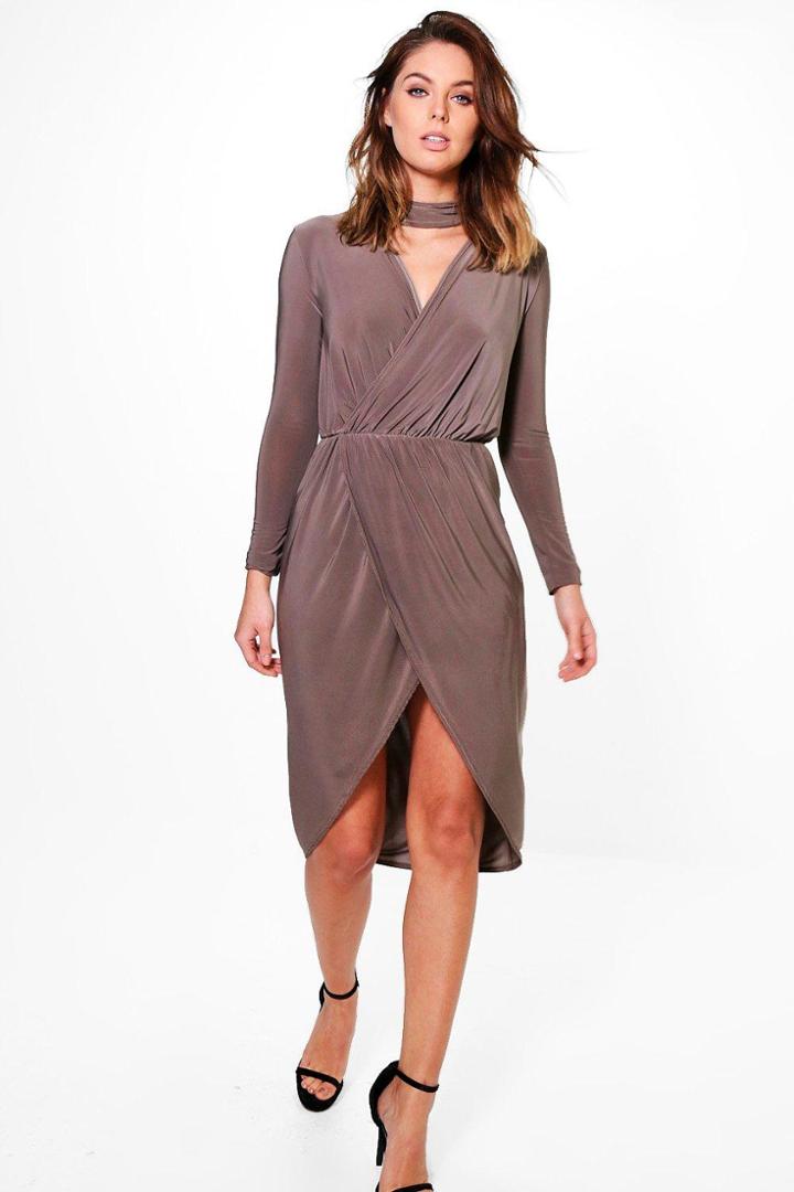 Boohoo Josephine Choker Detail Wrap Dress Mocha