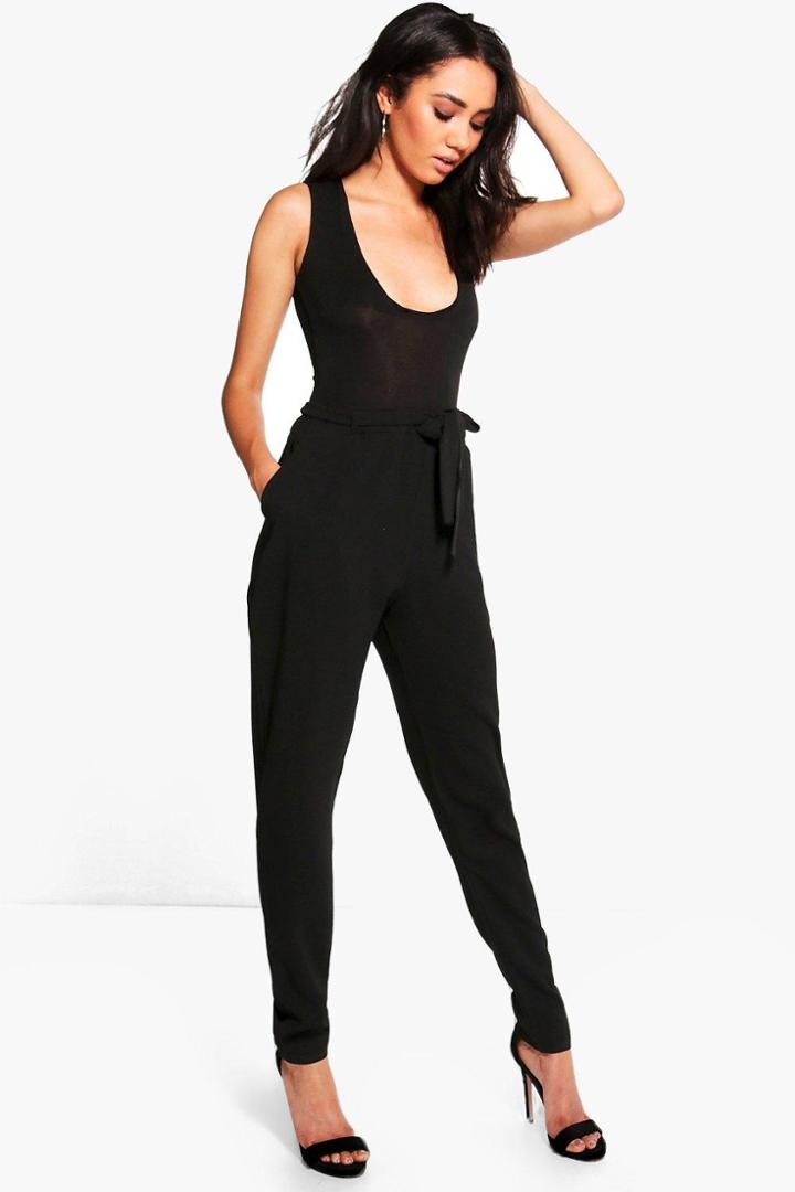 Boohoo Petite Maria Tie Waist Tappered Trousers Black
