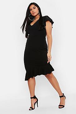 Boohoo Plus Frill Sleeve Asymmetric Hem Dress
