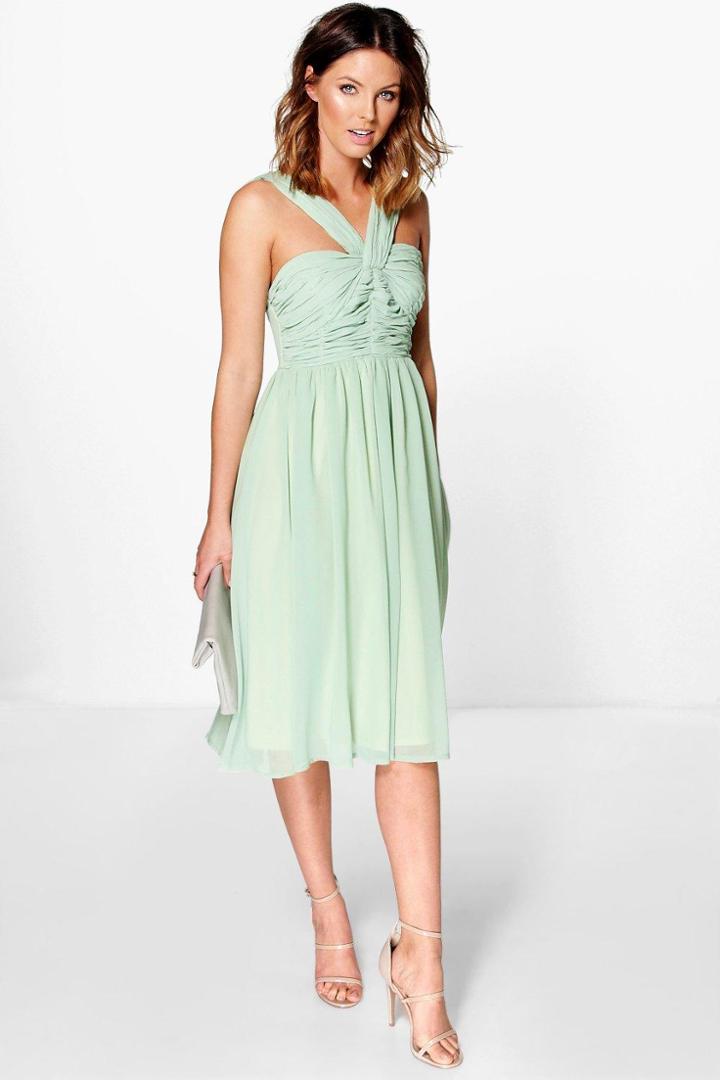 Boohoo Rowa Pleated Strappy Midi Skater Dress Green