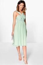 Boohoo Rowa Pleated Strappy Midi Skater Dress Green