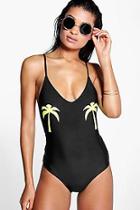 Boohoo Aruba Palm Placement Scoop Back Swimsuit