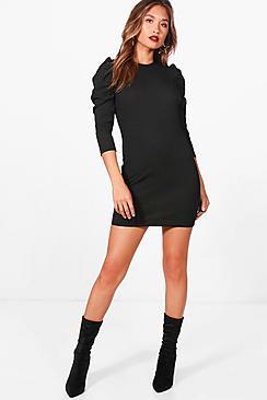 Boohoo Puff Sleeve Ribbed Bodycon Dress
