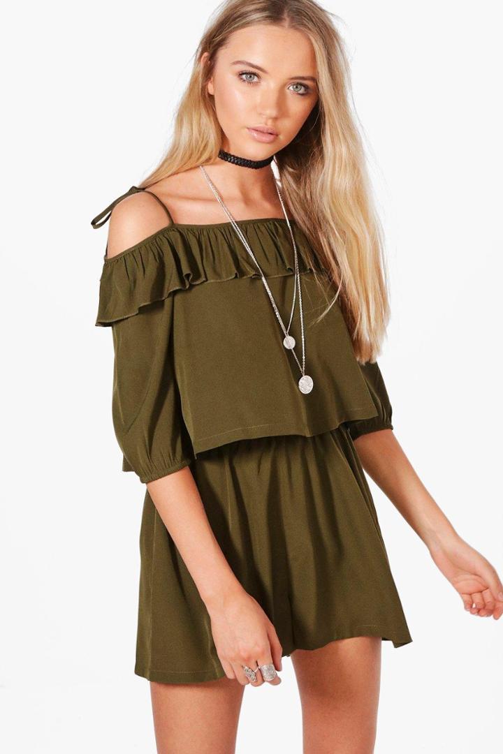 Boohoo Evie Ruffle Open Shoulder Playsuit Khaki