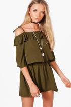 Boohoo Evie Ruffle Open Shoulder Playsuit Khaki