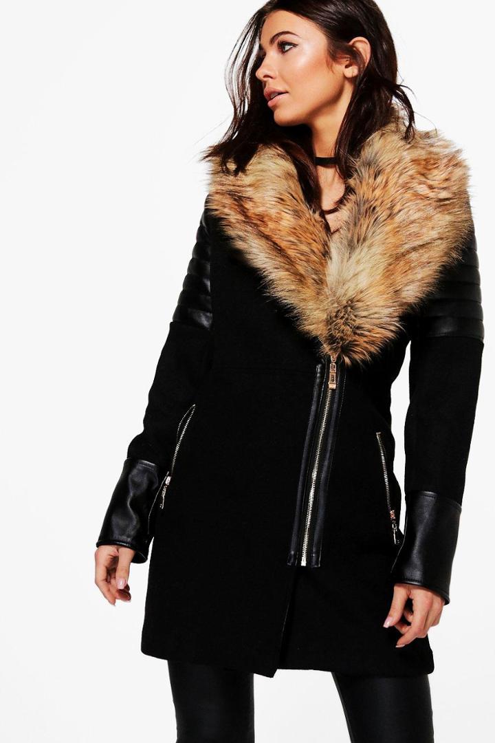 Boohoo Lara Faux Fur Collar Coat Black