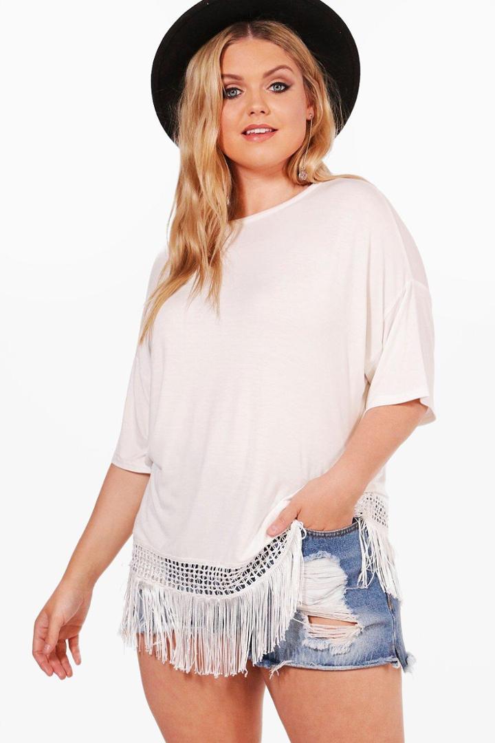 Boohoo Plus Macy Tassel Trim T-shirt Ivory