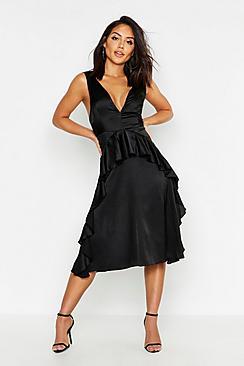Boohoo Satin Frill Detail Midi Skater Dress