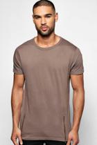 Boohoo Longline T Shirt With Front Zips Taupe