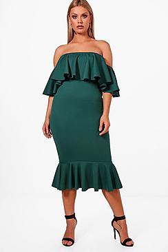 Boohoo Plus Off Shoulder Frill Midi Dress