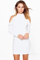 Boohoo Lo High Neck Frill Detail Open Shoulder Shift Dress Ivory