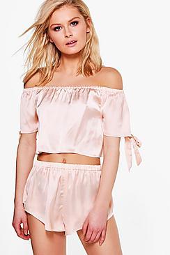 Boohoo Elle Satin Bardot Bow Top & Short Set