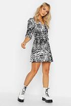 Boohoo Petite Ikat Print Balloon Sleeve Wrap Dress