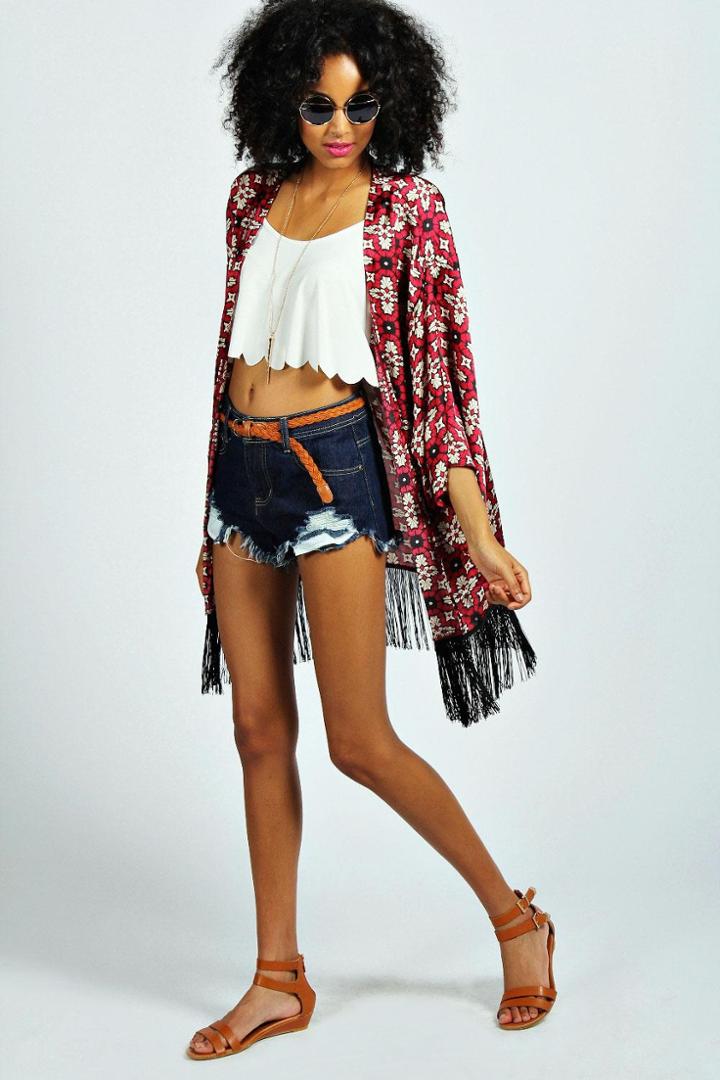 Boohoo Aira Tassel Printed Kimono - Red