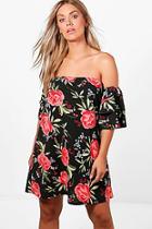 Boohoo Plus Annie Off The Shoulder Ruffle Floral Shift