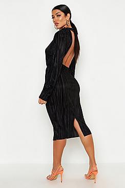 Boohoo Plisse Blouson Sleeve Open Back Midi Dress