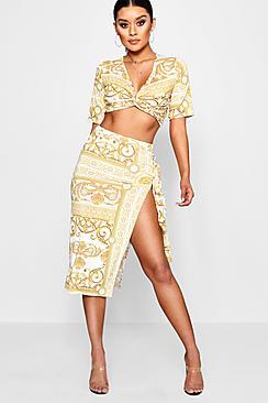 Boohoo Carly Slinky Chain Print Tie Side Midi Skirt