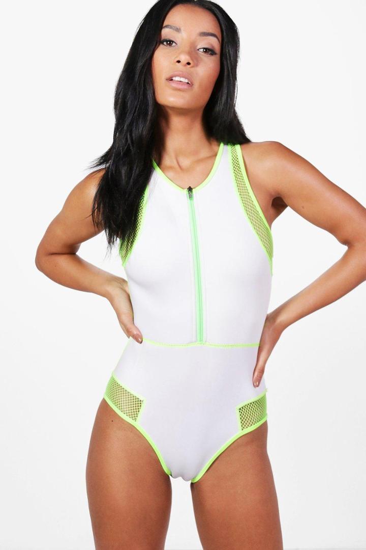 Boohoo Cannes Fit Neoprene Mesh Detail Zip Bathing Suit White