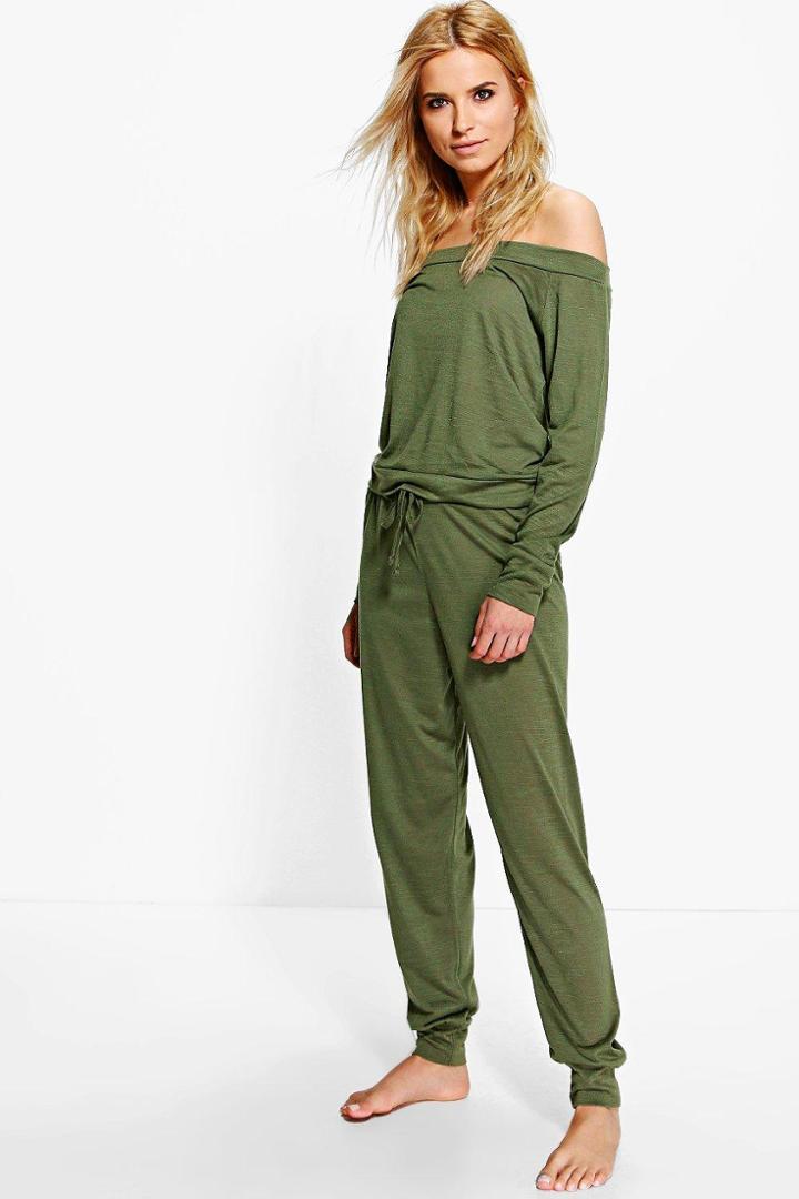 Boohoo Millie Long Sleeve Bardot Sweat And Jogger Set Khaki
