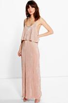 Boohoo Tahnee Metallic Pleated Maxi Dress Peach