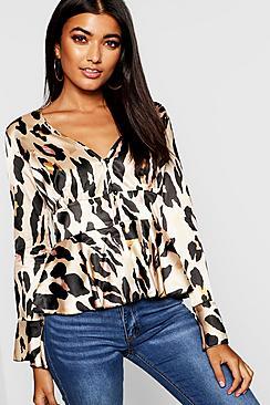 Boohoo Leopard Button Through Pep Hem Blouse