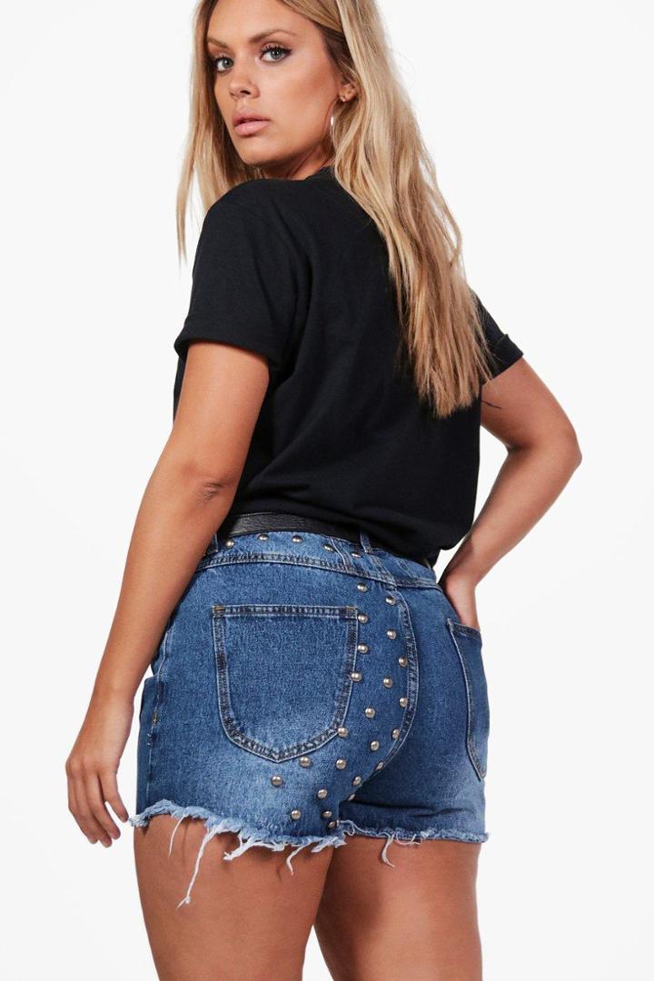 Boohoo Plus Amelia Studded Denim Short Blue