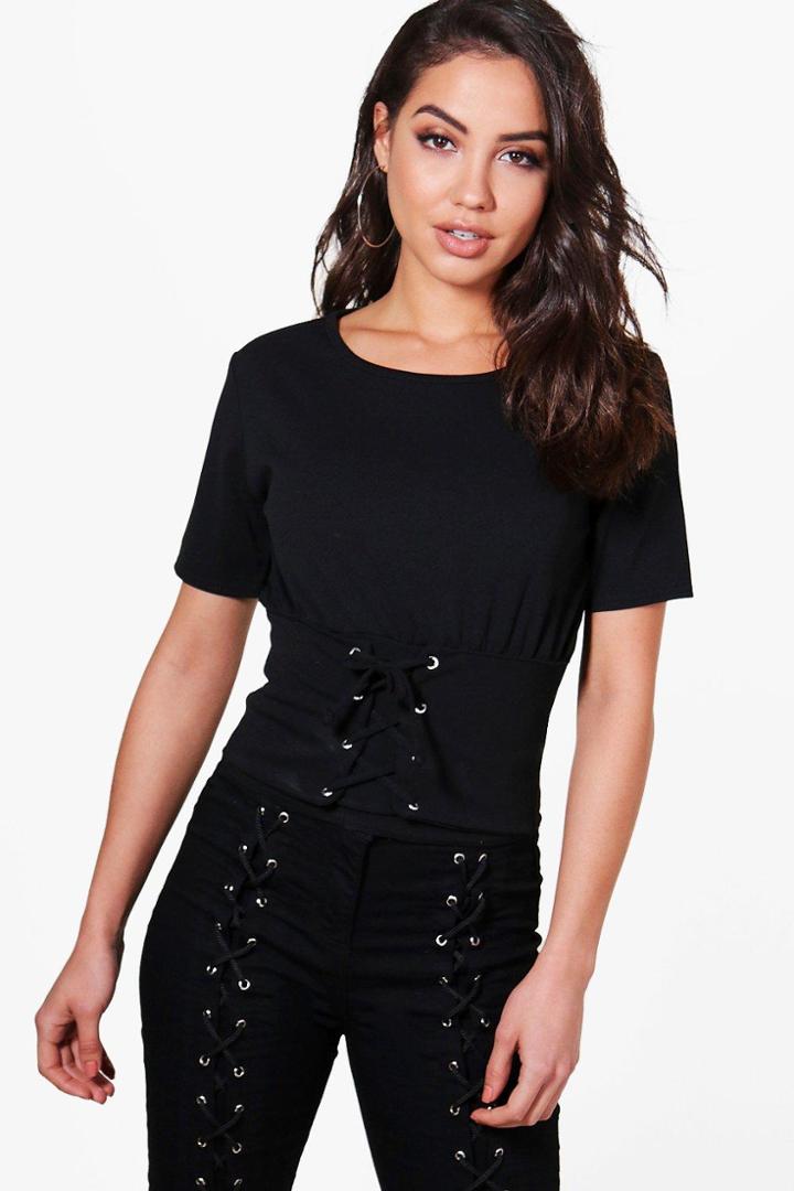 Boohoo Imogen Corset Lace Up Textured Top Black