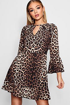 Boohoo Nadia Leopard Ruffle Detail Tea Dress