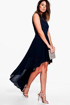 Boohoo Boutique Ruby Lace Top Chiffon Dip Hem Dress