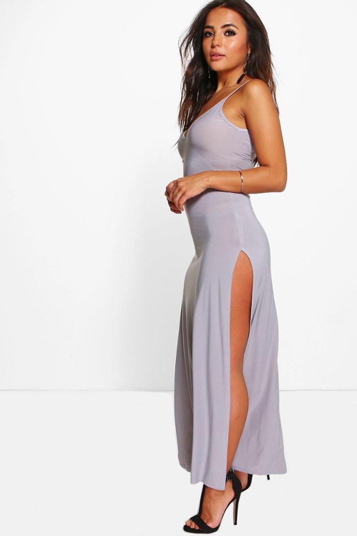 Boohoo Petite Martha Strappy Thigh Split Slinky Maxi Dress Dove