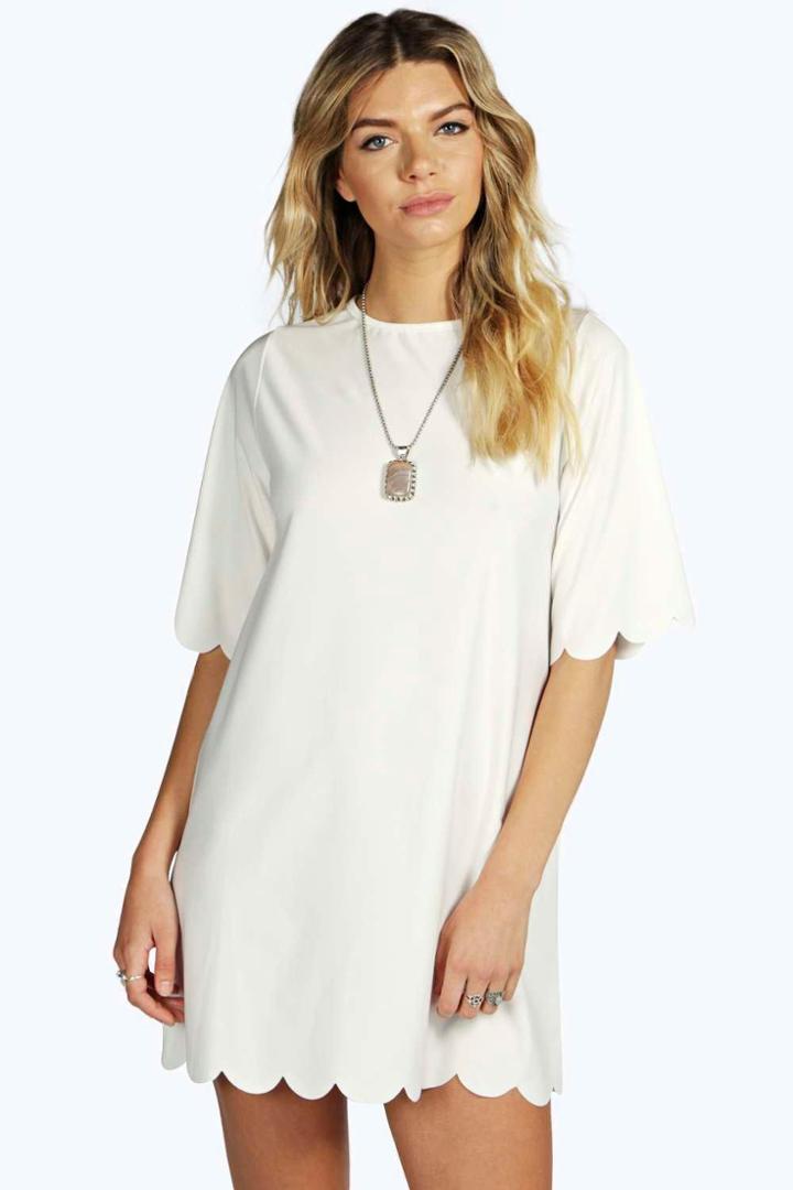 Boohoo Lizzie Scallop 3/4 Sleeve Shift Dress Cream