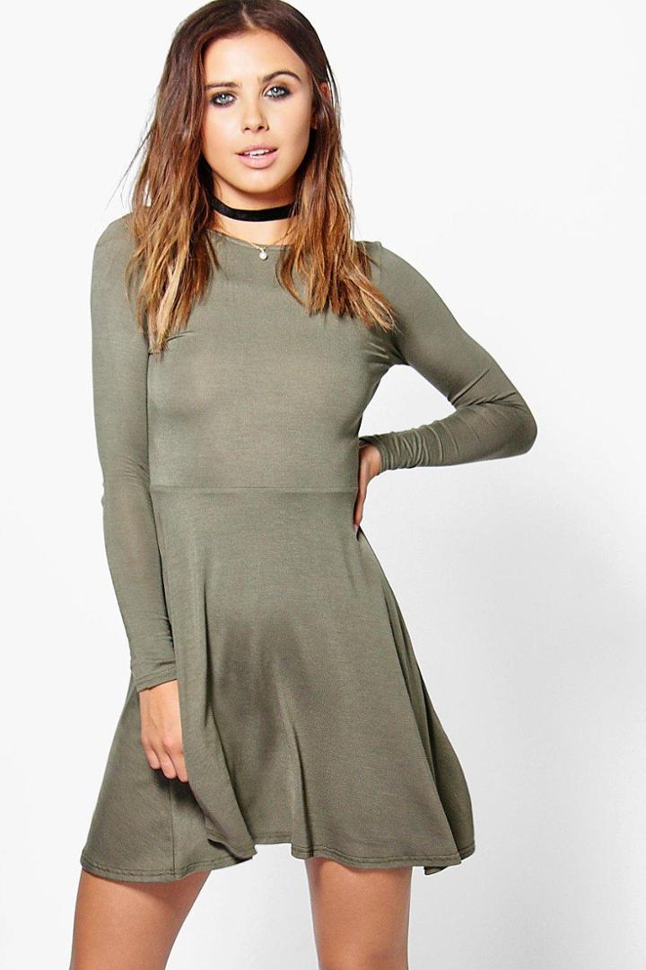 Boohoo Petite Harriet Basic Long Sleeve Skater Dress Khaki