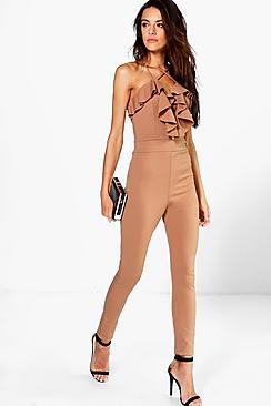 Boohoo Helena Ruffle Cross Front Skinny Leg Jumpsuit