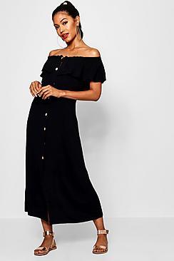 Boohoo Off The Shoulder Button Front Dress