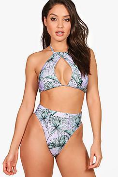 Boohoo Cuba Mix And Match Leaf Keyhole Halter Top
