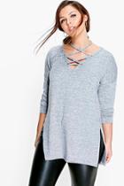 Boohoo Plus Helena Long Sleeve Knitted Lace Up Top Grey