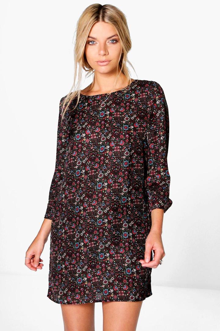Boohoo Aislinn Artisan Floral Shift Dress Black