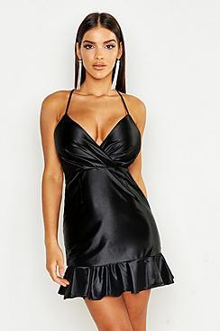 Boohoo Satin Wrap Front Ruffle Hem Bodycon Mini Dress