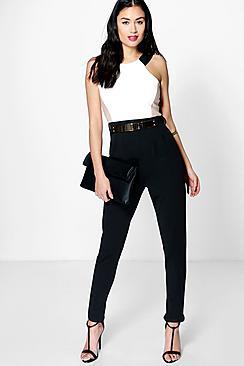 Boohoo Anna Colour Block Belted Jumpsuit