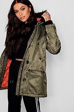 Boohoo Contrast Lining Faux Fur Trim Parka