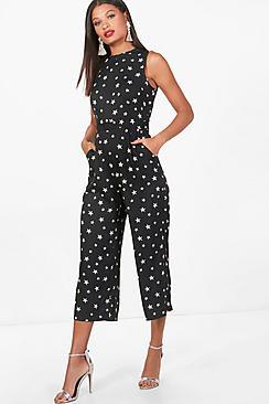 Boohoo Jeane High Neck Star Print Culotte Jumpsuit