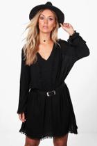 Boohoo Plus Casey Pom Pom Plunge Skater Dress Black