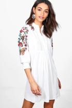 Boohoo Boutique Eve Embroidered Batwing Shirt Dress White