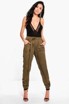 Boohoo Allegra Luxe Rouched Ankle Joggers Khaki