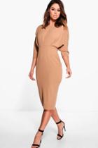 Boohoo Melli Pleat Detail Batwing Pencil Midi Dress Camel