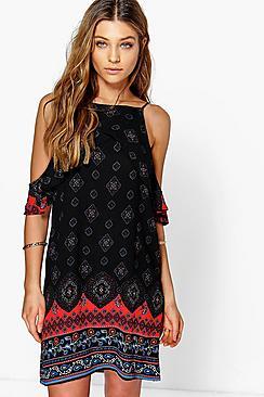 Boohoo Amy Ruffle Cold Shoulder Swing Dress