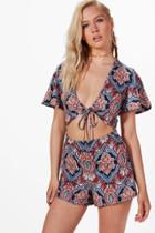 Boohoo Eve Paisley Print Tie Front Playsuit Multi